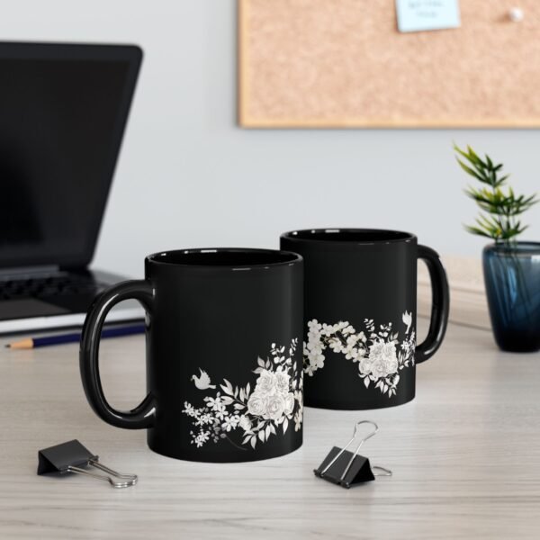 Black Floral Mug — White Rose & Blossom Coffee Cup (11oz/15oz)