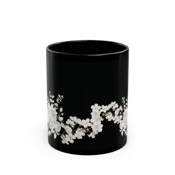 Black Floral Mug — White Rose & Blossom Coffee Cup (11oz/15oz)