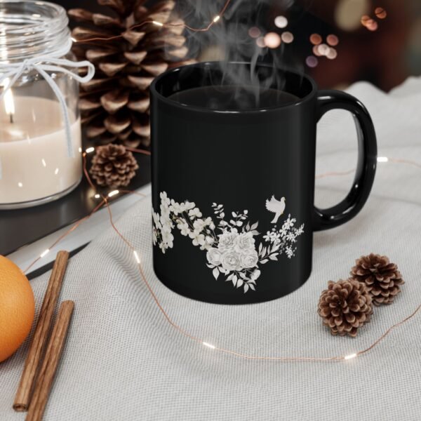 Black Floral Mug — White Rose & Blossom Coffee Cup (11oz/15oz)